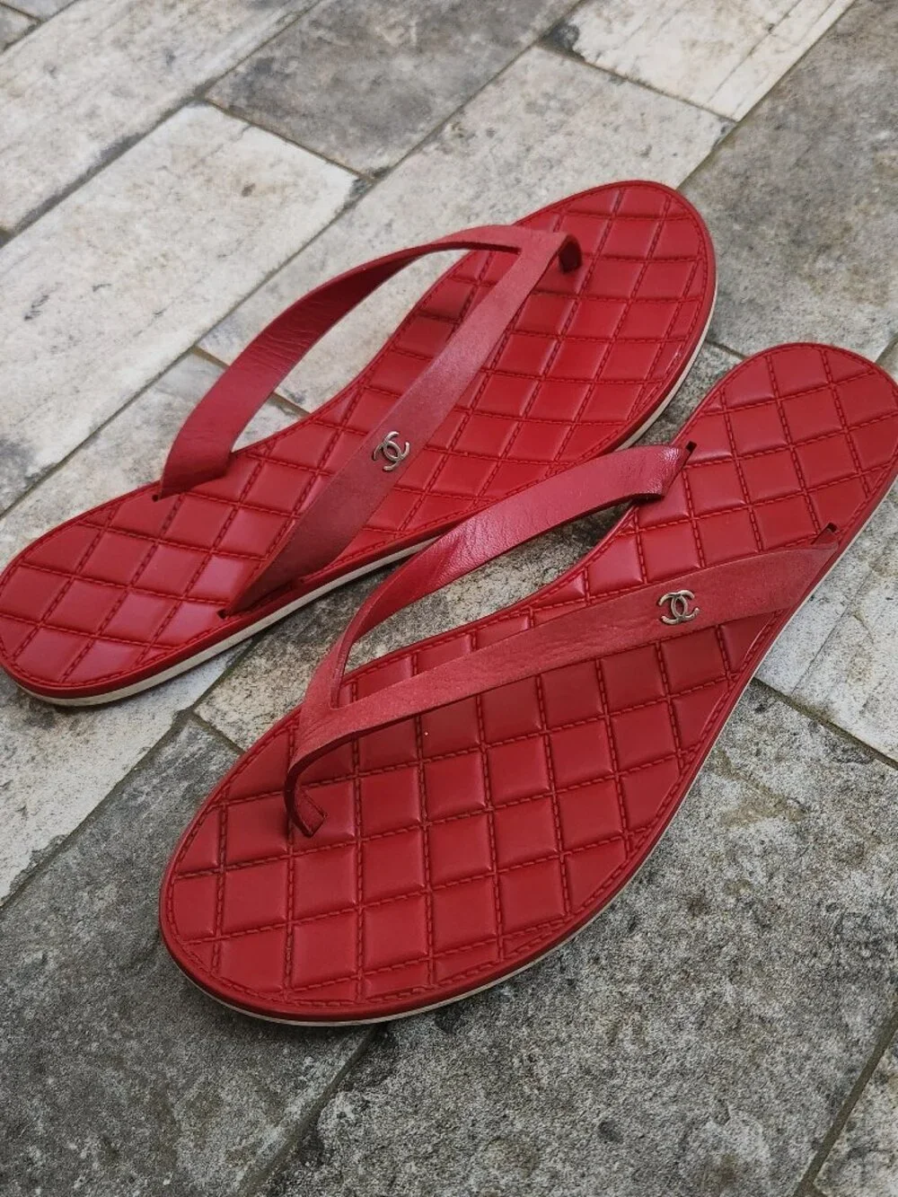 Chanel Red Quilted Flat Thong Sandals